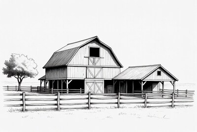 Barn and Silo Illustration with Fence