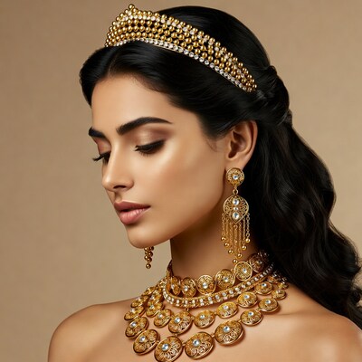 Indian woman with gold crown and jewelry