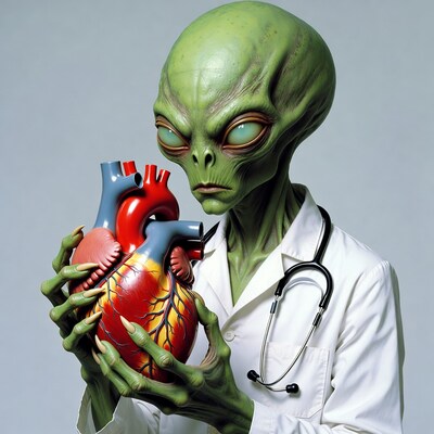 Alien doctor holding human heart
