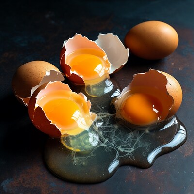 Broken Eggs with Yolks on Dark Surface