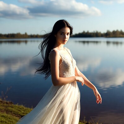 Asian woman in white lace dress by lake