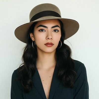 Woman in beige fedora hat