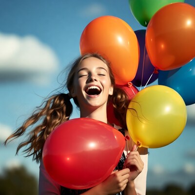 Girl laughing with colorful balloons