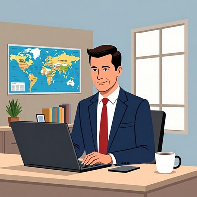Businessman working at desk with world map