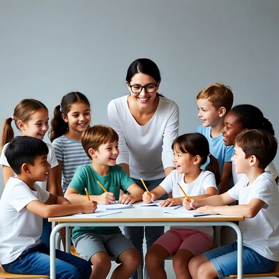 Teacher helping diverse kids draw at table