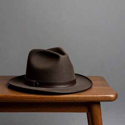 Brown fedora hat on wooden stool