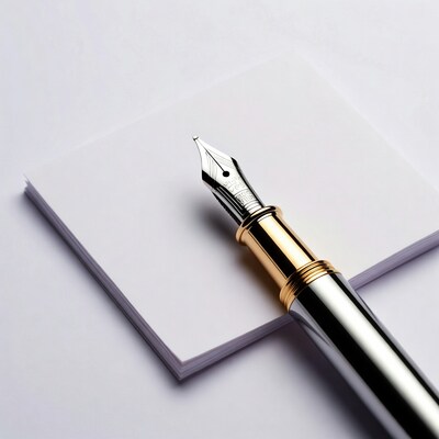 Silver fountain pen on white paper