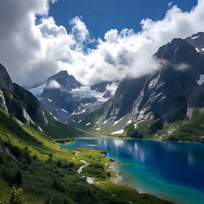 Turquoise lake in snowy mountains