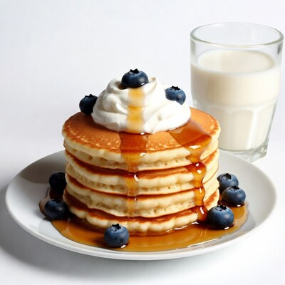 Pancakes with blueberries whipped cream syrup