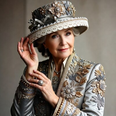 Elegant older woman in embroidered hat
