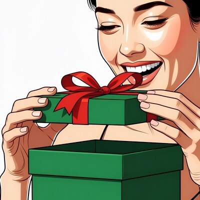 Asian woman opening green gift box