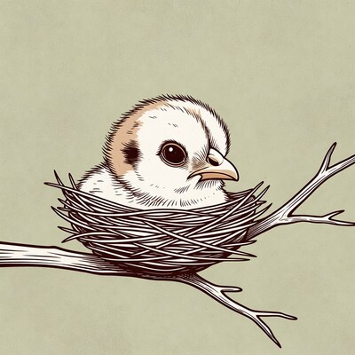 Baby owl in nest on branch