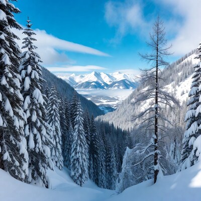 Snowy Mountain Valley with Pine Trees