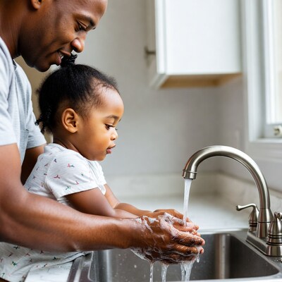 African-American father helping toddler wash hands