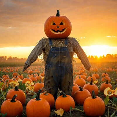 Jack-o-lantern Scarecrow in Pumpkin Patch