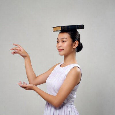 Asian girl balancing book on head