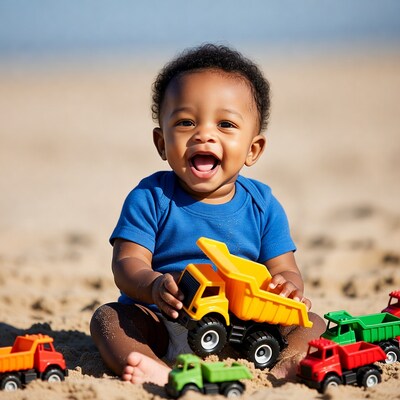 African-American baby playing with toy dump trucks on beach