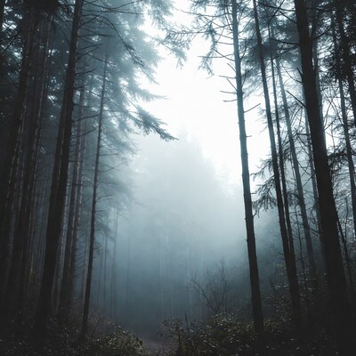 Misty Forest Path with Tall Trees
