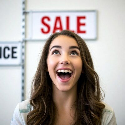 Excited girl with sale signs