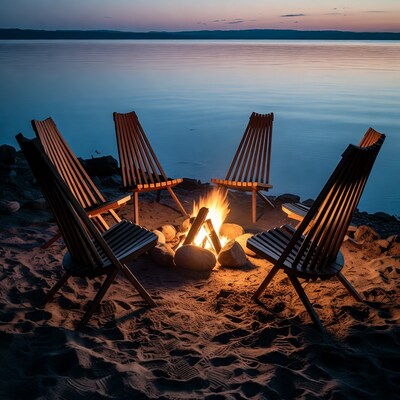 Campfire with chairs by lake sunset