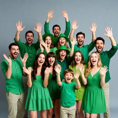 Family in green St Patricks Day outfits cheering