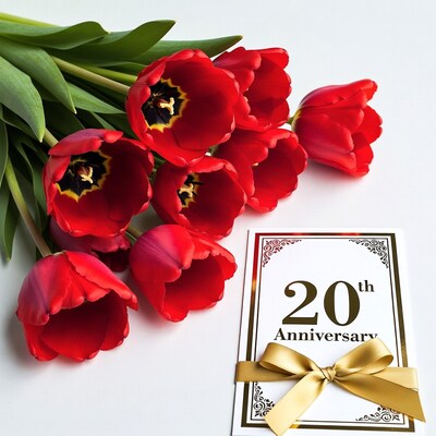Red Tulips with 20th Anniversary Card