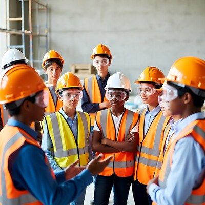 Diverse teens in hard hats construction site