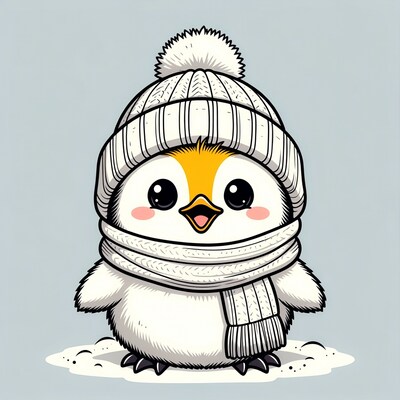 Cute penguin in hat and scarf