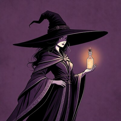 Witch holding glowing potion bottle