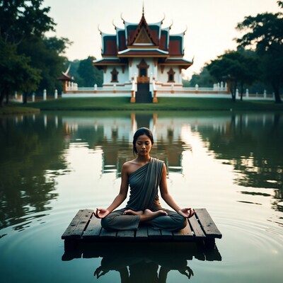 Asian woman meditating on raft by Thai temple