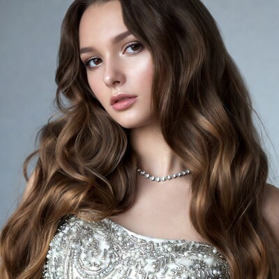 Woman with long brown hair and pearl necklace