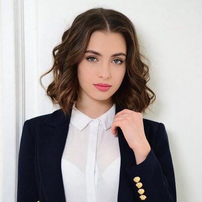 Woman in navy blazer white blouse