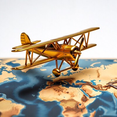 Golden biplane model over world map