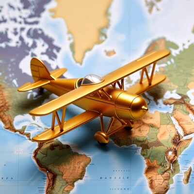 Golden biplane on world map