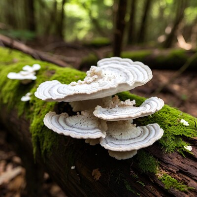 White shelf mushrooms on mossy log