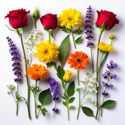 Colorful Flowers Flat Lay White Background