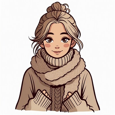 Smiling woman in sweater and scarf illustration