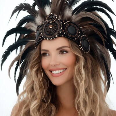 Woman wearing feathered headdress