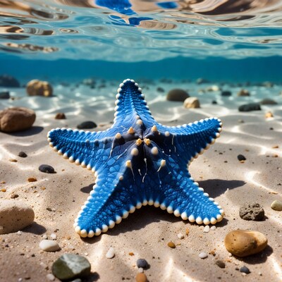 Blue starfish on ocean floor