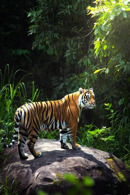 Tiger standing on rock in jungle
