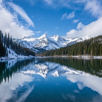 Snowy Mountains Reflecting in Lake