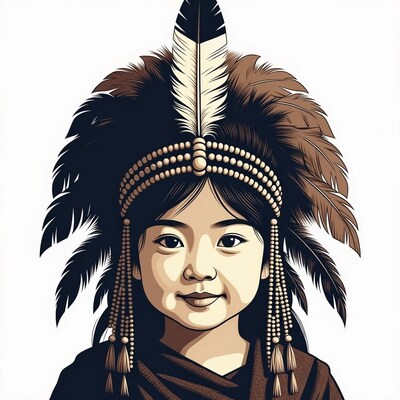 Asian girl in feather headdress illustration
