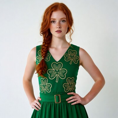 Redhead woman in green shamrock dress