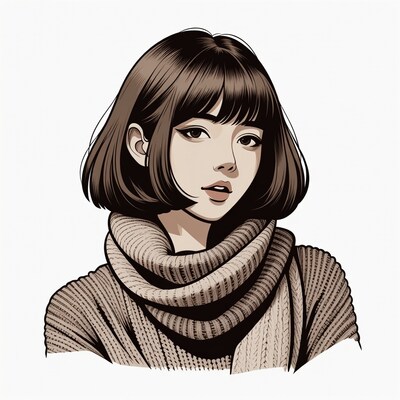 Asian girl with bob haircut and scarf