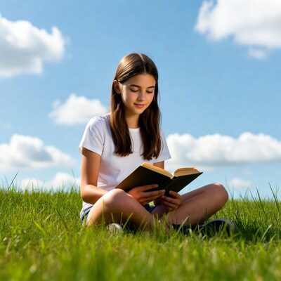 Girl reading book on grass