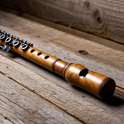 Wooden Flute on Rustic Wood