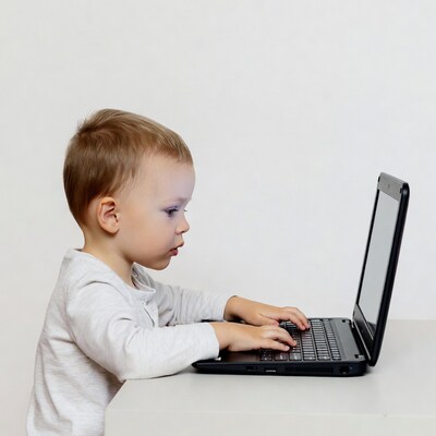 Toddler boy typing on laptop
