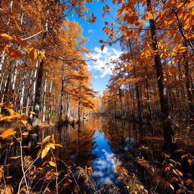 Autumn Bald Cypress Trees Reflecting in Swamp