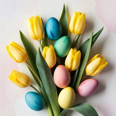 Yellow tulips with colorful Easter eggs
