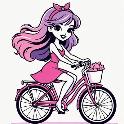Cartoon girl riding pink bicycle